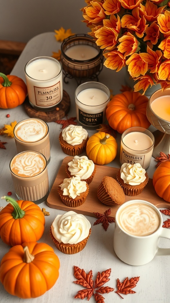 A cozy fall setup with pumpkins, cupcakes, candles, and warm drinks.