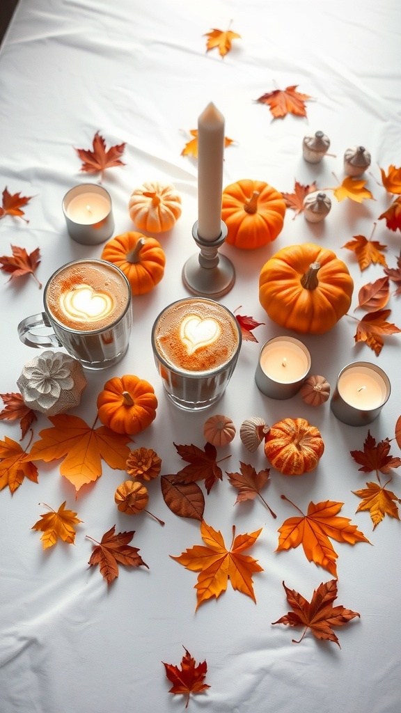 A cozy fall scene with pumpkin spice lattes, small pumpkins, autumn leaves, and candles.