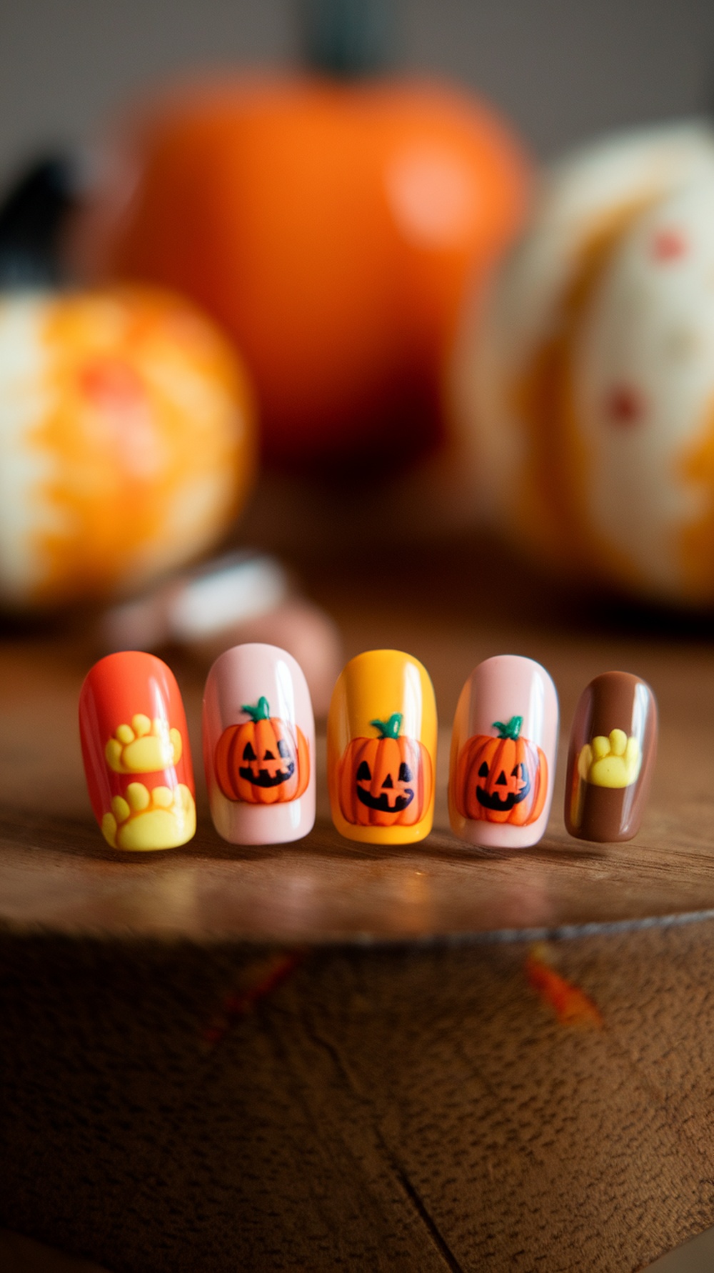 Colorful pumpkin spice inspired nail art designs on a wooden surface.