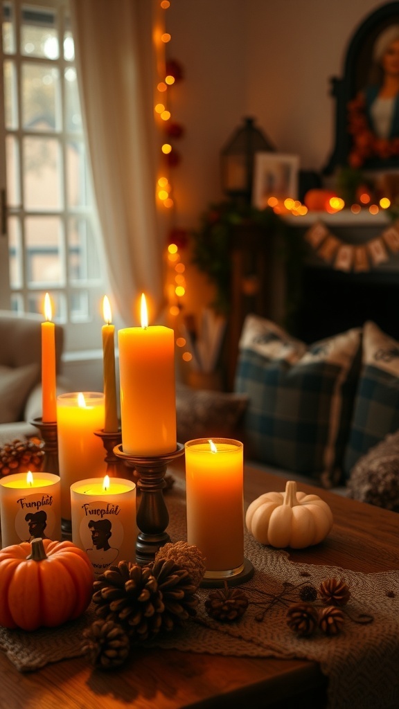 A cozy arrangement of pumpkin spice scented candles, small pumpkins, and pinecones on a table.