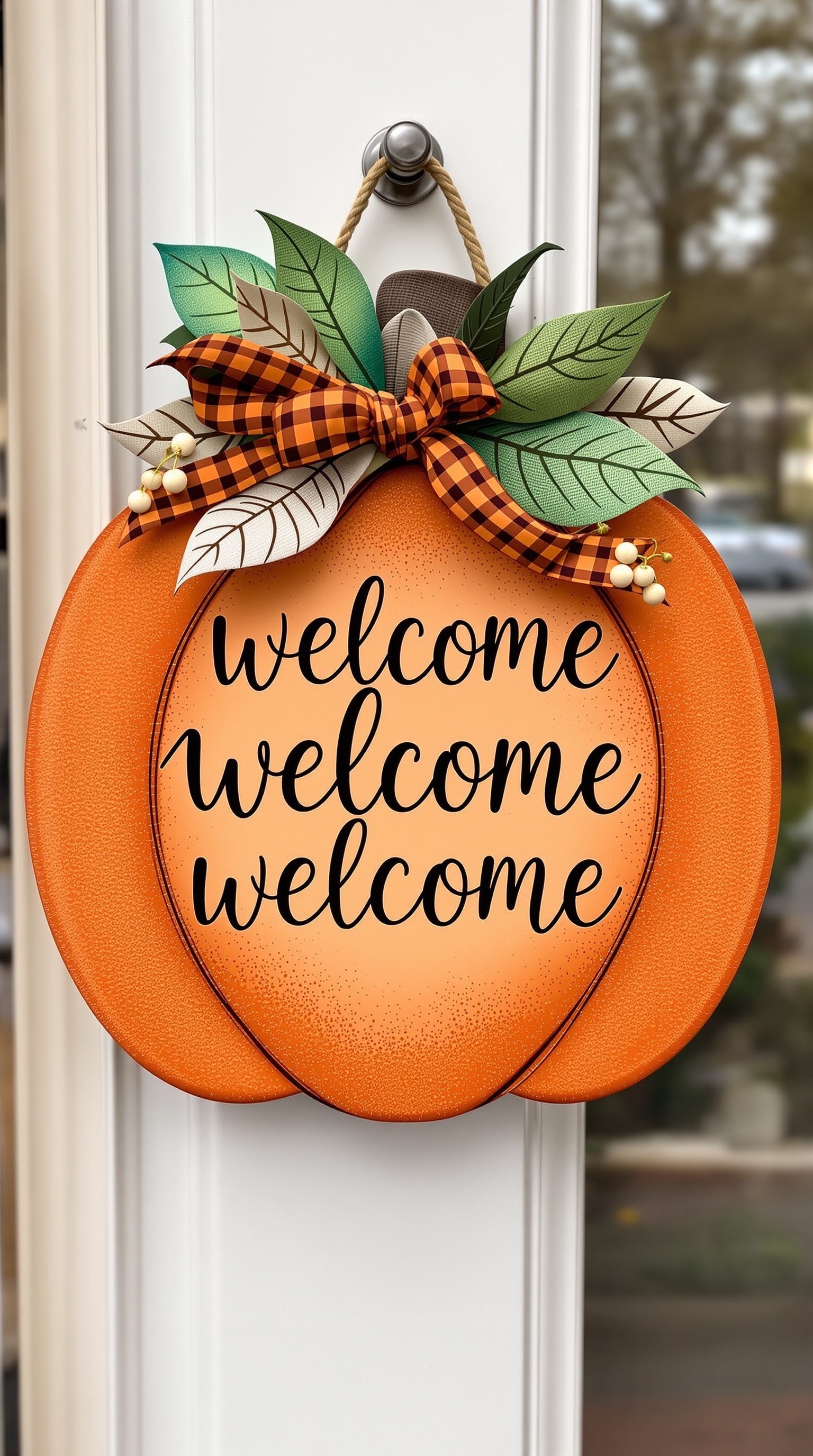 A pumpkin-shaped door hanger with floral decorations and the word 'Welcome' written on it.