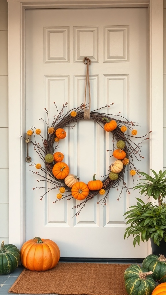 A beautiful Pumpkin Spice Wreath with orange pumpkins and yellow flowers on a front door.