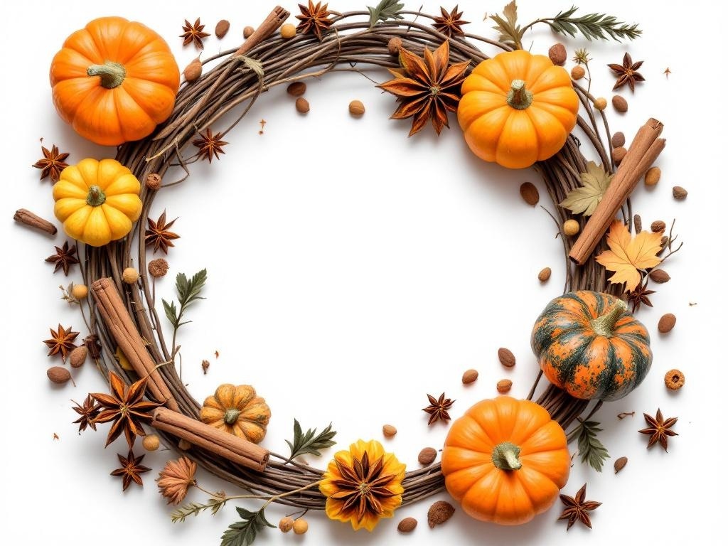 A decorative wreath featuring pumpkins, cinnamon sticks, and autumn leaves.