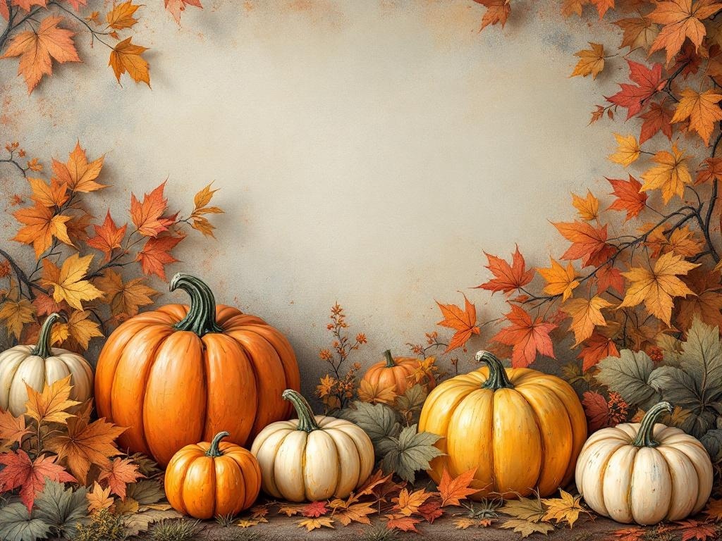 An artistic display of pumpkins and autumn leaves, creating a warm fall atmosphere.