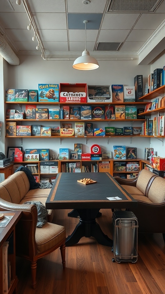 A cozy room featuring a large table surrounded by chairs, with shelves filled with various board games.