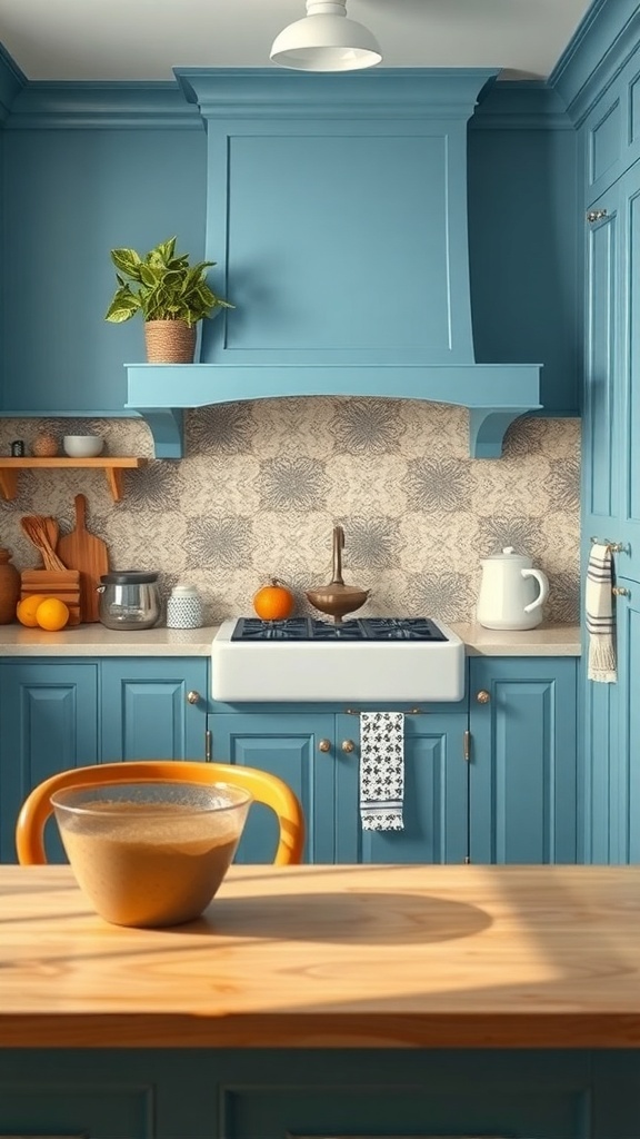 A blue farmhouse kitchen featuring a stylish backsplash and wooden countertop.