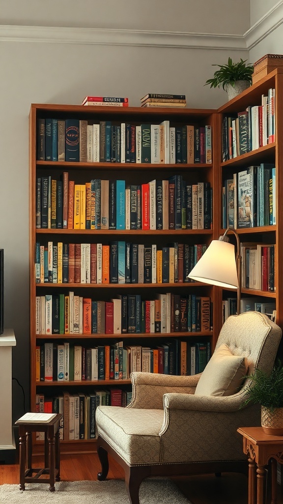 Cozy living room with bookshelves overflowing with books