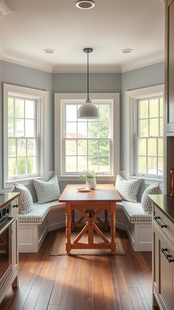Cozy breakfast nook with bay windows and wooden table