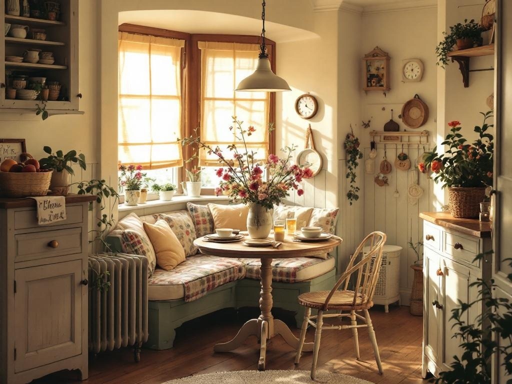 A cozy cottage kitchen nook with natural light, featuring a round table, built-in bench with cushions, and plants.