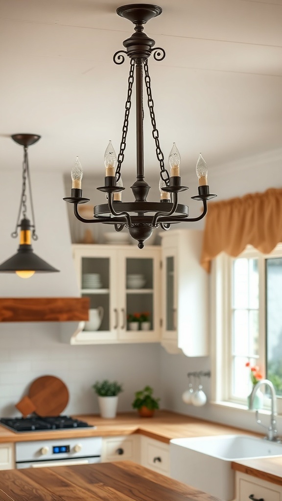 A vintage farmhouse kitchen featuring a classic chandelier and pendant lights.