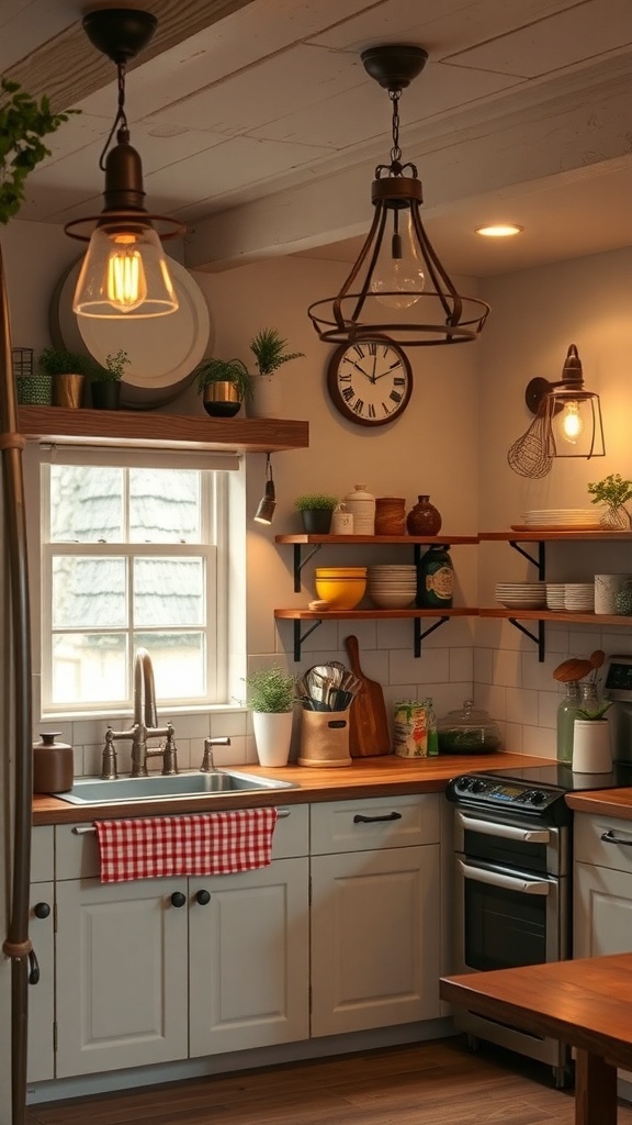A cozy cottage farmhouse kitchen with vintage lighting fixtures.