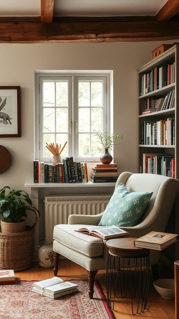 Cozy reading nook in an English cottage living room with a chair, books, and plants.