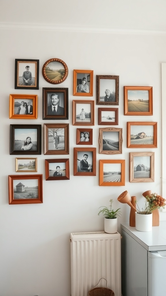 A collection of various picture frames on a wall, showcasing black and white photos.