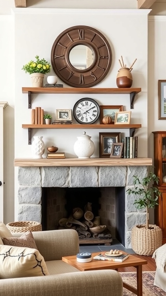 A quaint shelf with decorative items including vases, framed quotes, and plants.