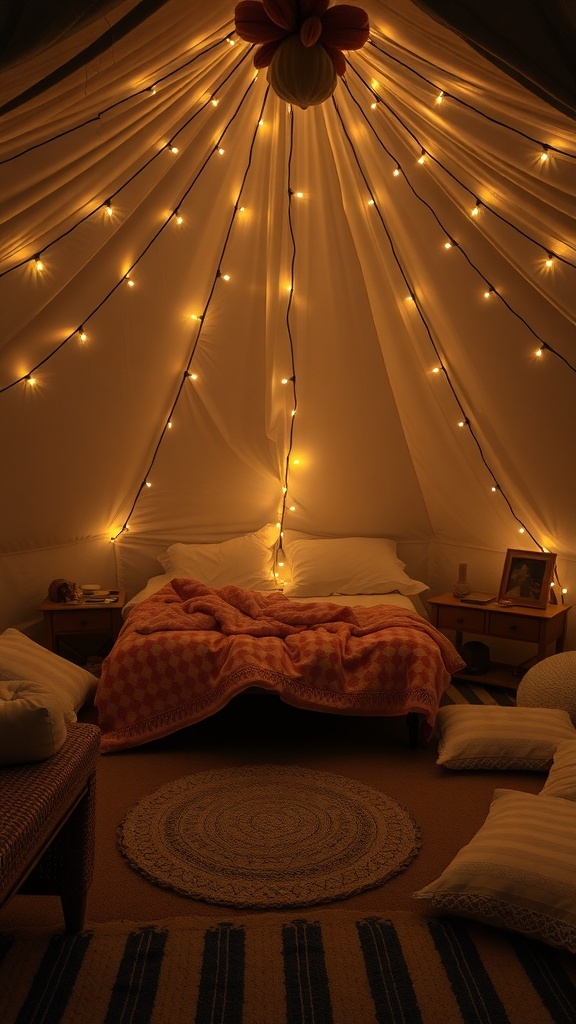 Cozy vintage camp style sleeping area with string lights and layered blankets.