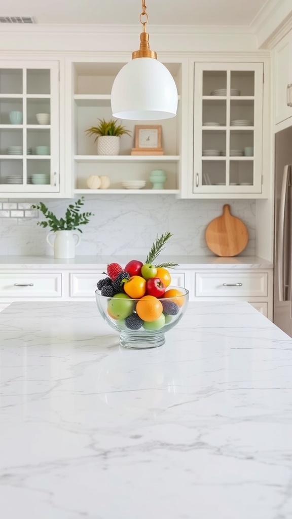 A bright coastal farmhouse kitchen with quartz countertops and a bowl of colorful fruits.