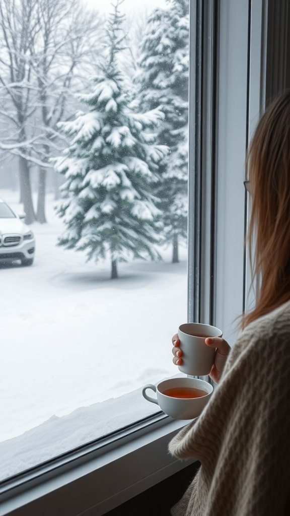 A person holding two cups of tea while looking out a snowy window.