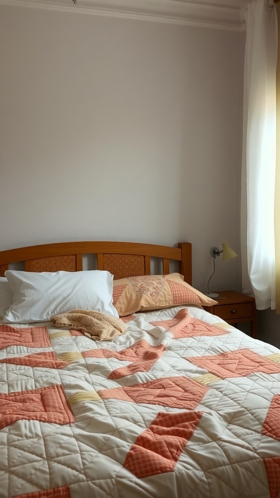 A cozy bedroom featuring a quilted bedspread in soft peach and cream colors, with a wooden bed frame and soft pillows.