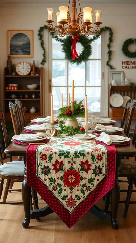 A beautifully set dining table with a quilted Christmas table runner featuring floral designs in red and green.