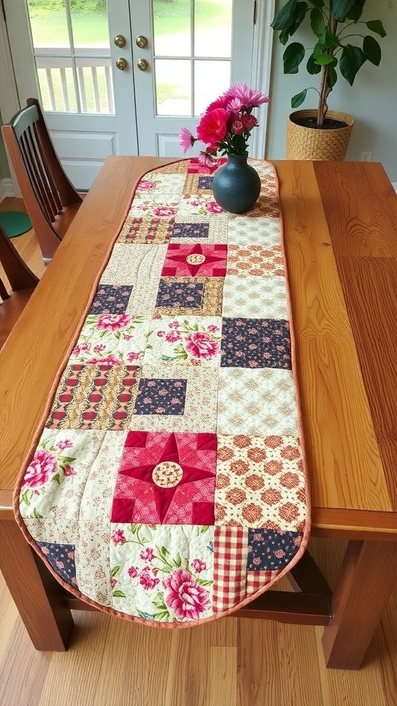 A quilted fabric table runner on a wooden dining table with a vase of flowers.