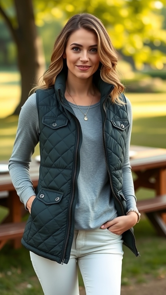 A young man wearing a quilted vest over a long sleeve tee, smiling outdoors.