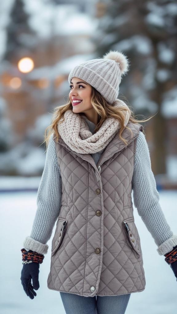 A woman wearing a quilted vest over a sweater, smiling in a snowy setting.