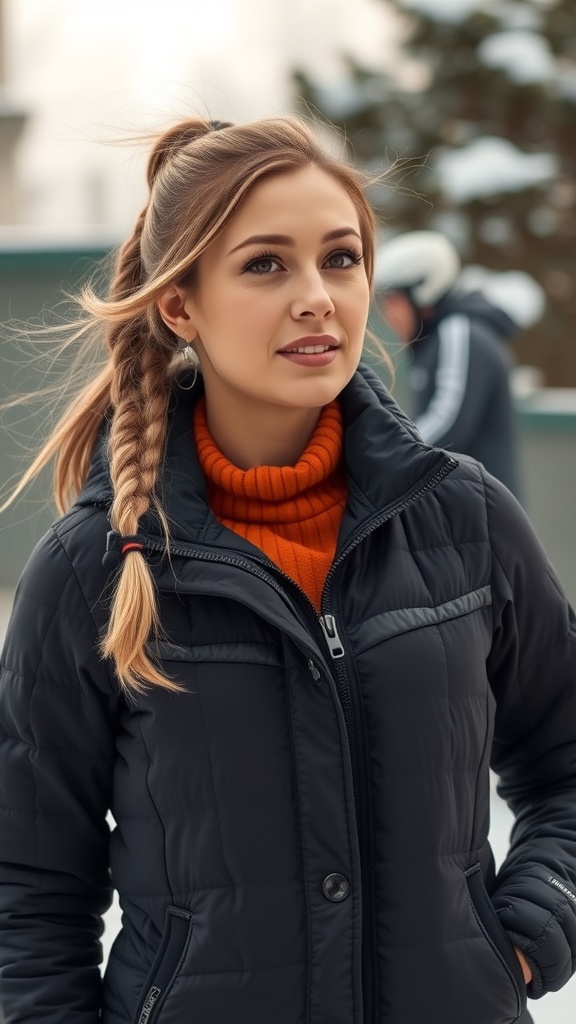 A woman wearing a black quilted vest and an orange turtleneck, smiling outdoors in winter.