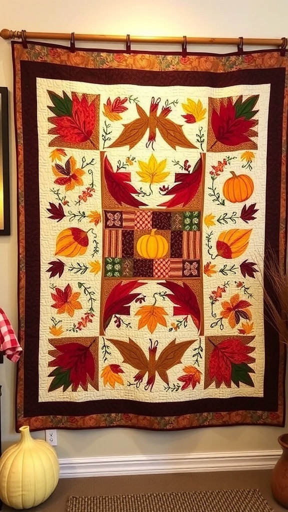 A quilted wall hanging featuring fall patterns with leaves and pumpkins.