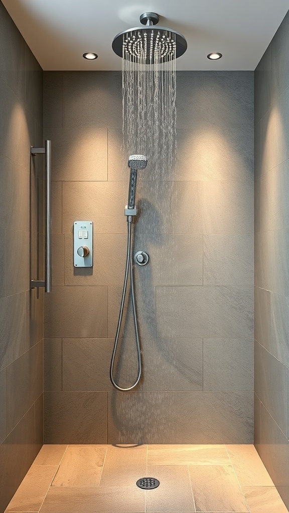 A modern rainfall showerhead in a stylish bathroom setting.