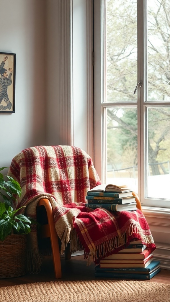 A cozy reading nook by a window with a chair, plaid blanket, and a stack of books.