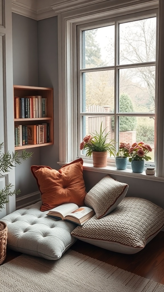 Cozy reading nook with cushions and plants by the window.