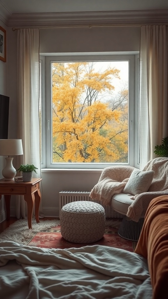 Cozy reading nook with a view of a yellow-leaved tree outside a large window.