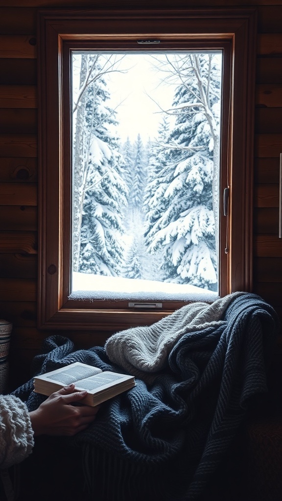 A cozy reading nook in a winter cabin with a view of snow-covered trees outside.
