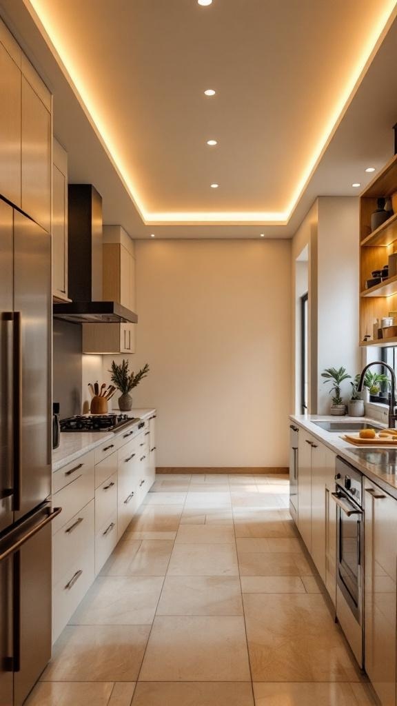 Modern kitchen with recessed lighting and warm glow