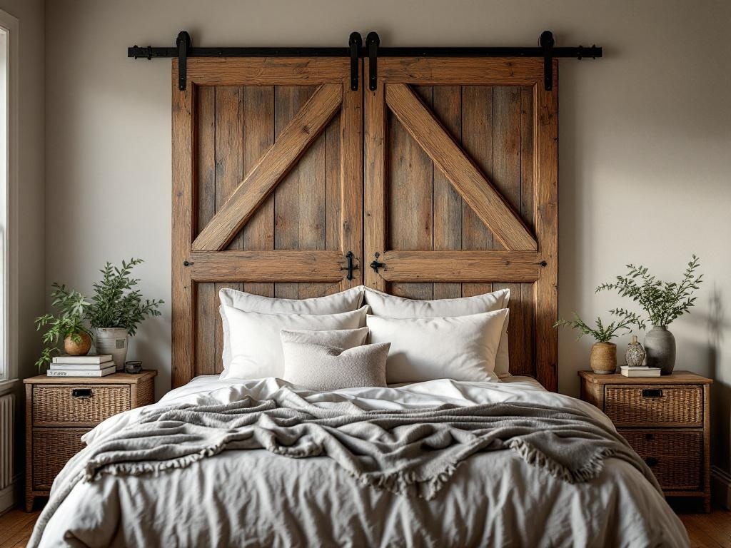 A cozy bedroom featuring a reclaimed barn door headboard with soft bedding and plants on nightstands.
