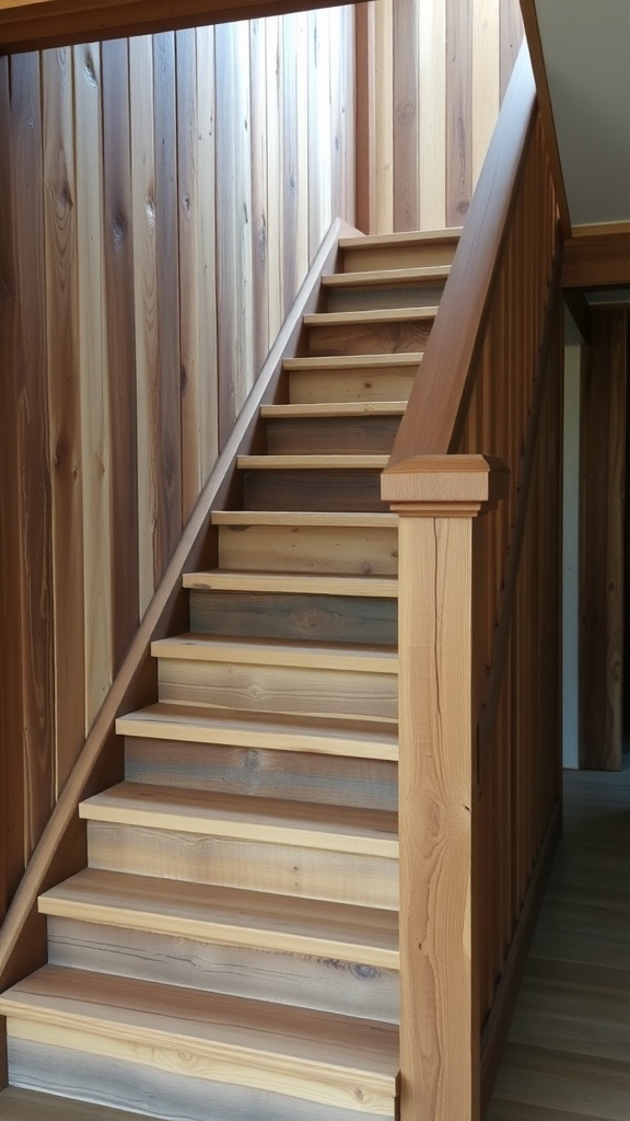 Rustic staircase made of reclaimed barn wood steps.