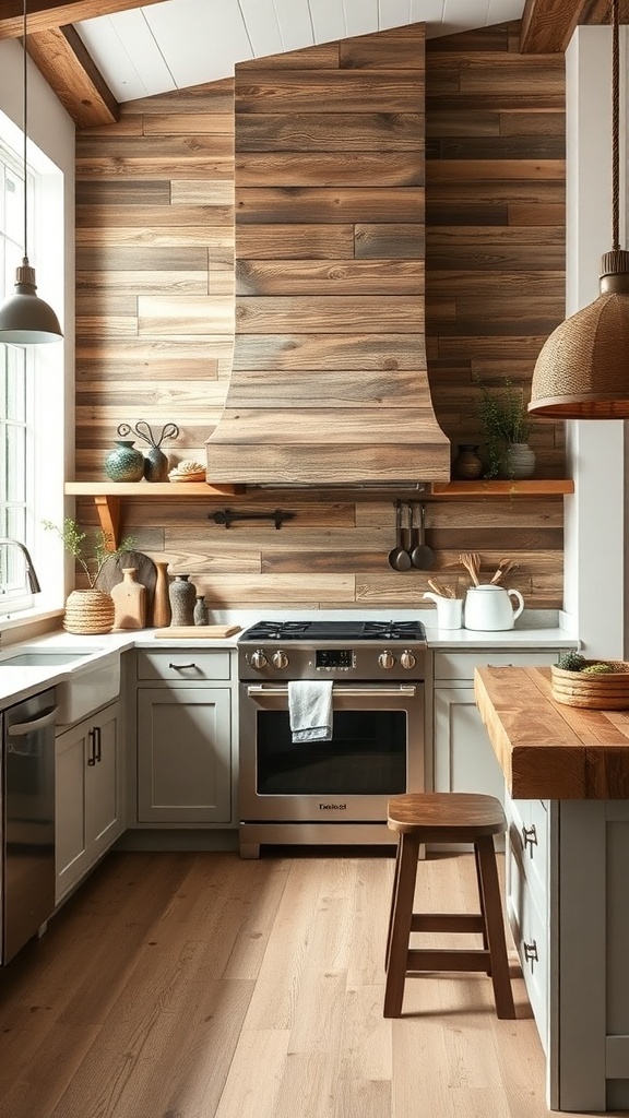 A cozy farmhouse kitchen featuring reclaimed barn wood backsplash with a modern stove and wooden accents.