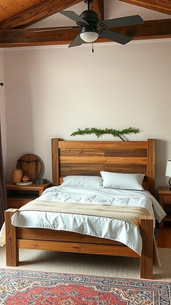 A rustic bed made from reclaimed barnwood, featuring a simple design with white bedding and a natural wood finish.