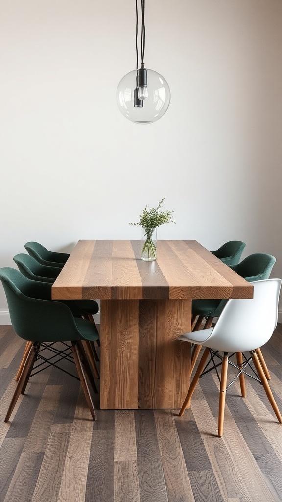 A modern rustic dining table made from reclaimed wood with green and white chairs.