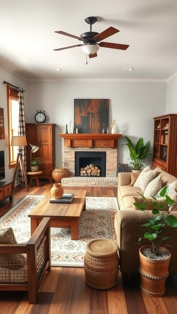 A cozy rustic living room with reclaimed wood accents and natural decor.