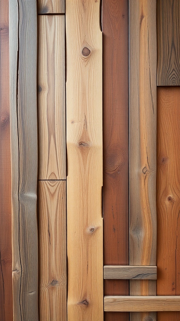 Close-up of various reclaimed wood planks in different shades and textures.