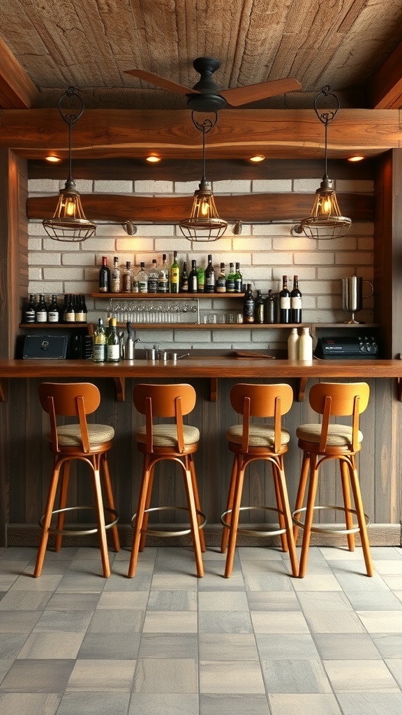 Rustic basement bar with reclaimed wood counter and wooden stools