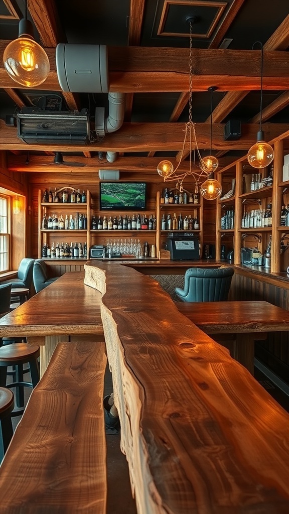 A rustic bar with a reclaimed wood top, featuring warm lighting and a cozy atmosphere.
