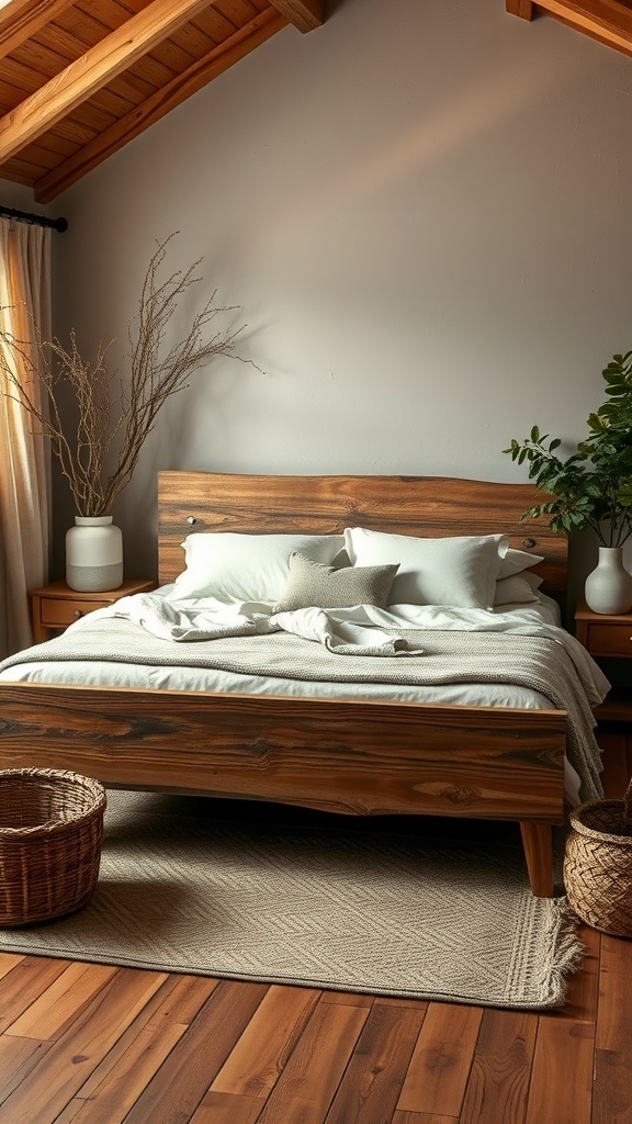 A rustic bedroom featuring a reclaimed wood bed frame, soft bedding, and natural decor.