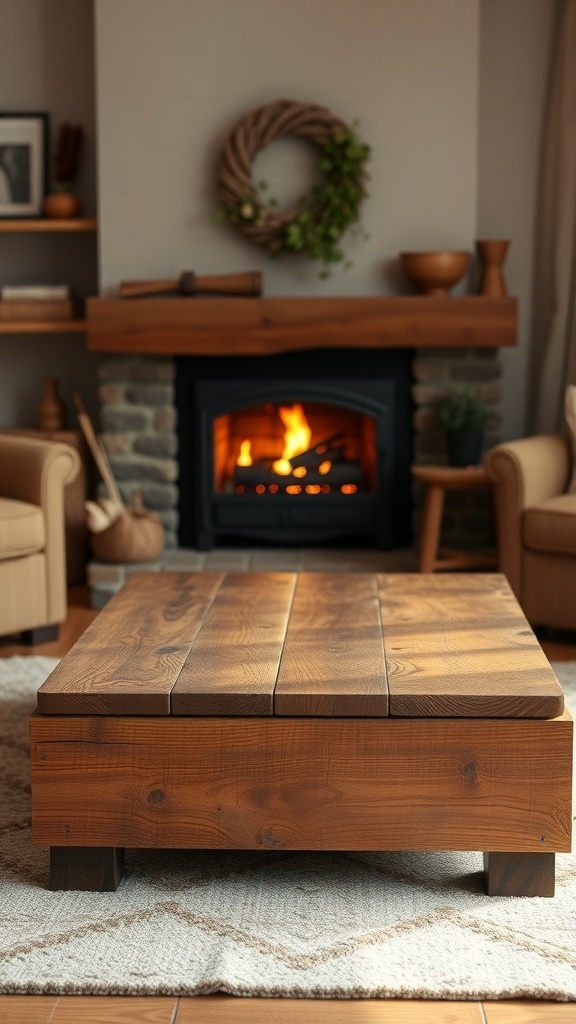 A rustic reclaimed wood coffee table in a cozy living room setting.