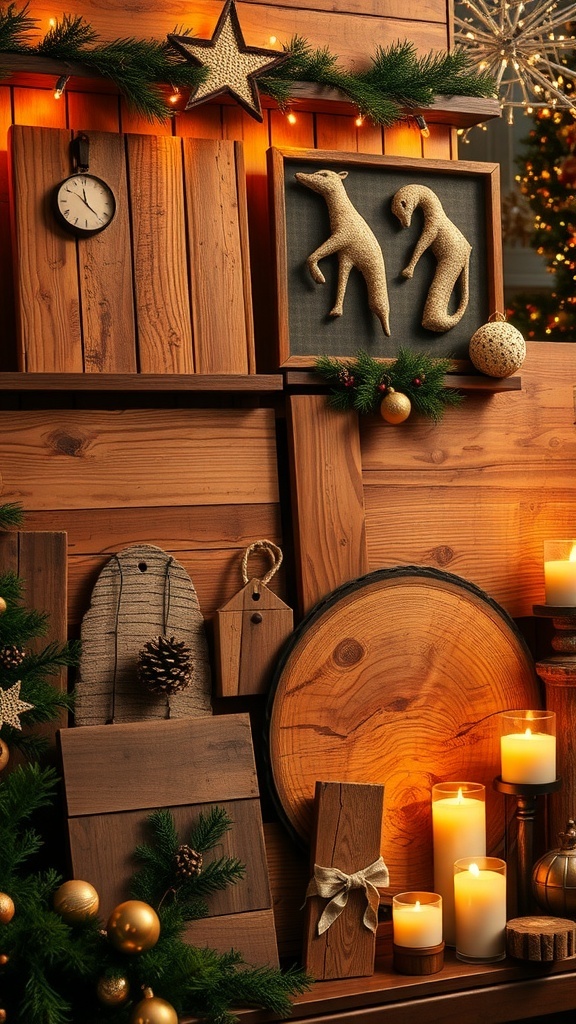 A festive display featuring reclaimed wood Christmas decorations, ornaments, and greenery.