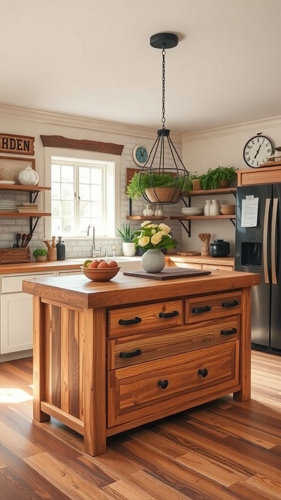 Rustic kitchen island made of reclaimed wood with drawers and a countertop.