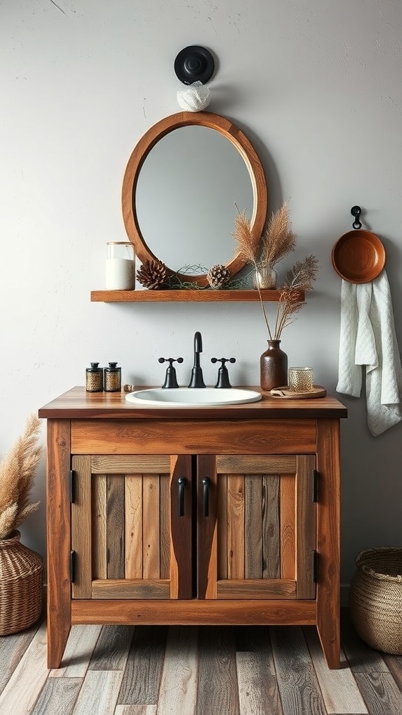 A rustic bathroom vanity made of reclaimed wood with a round mirror and decorative elements.