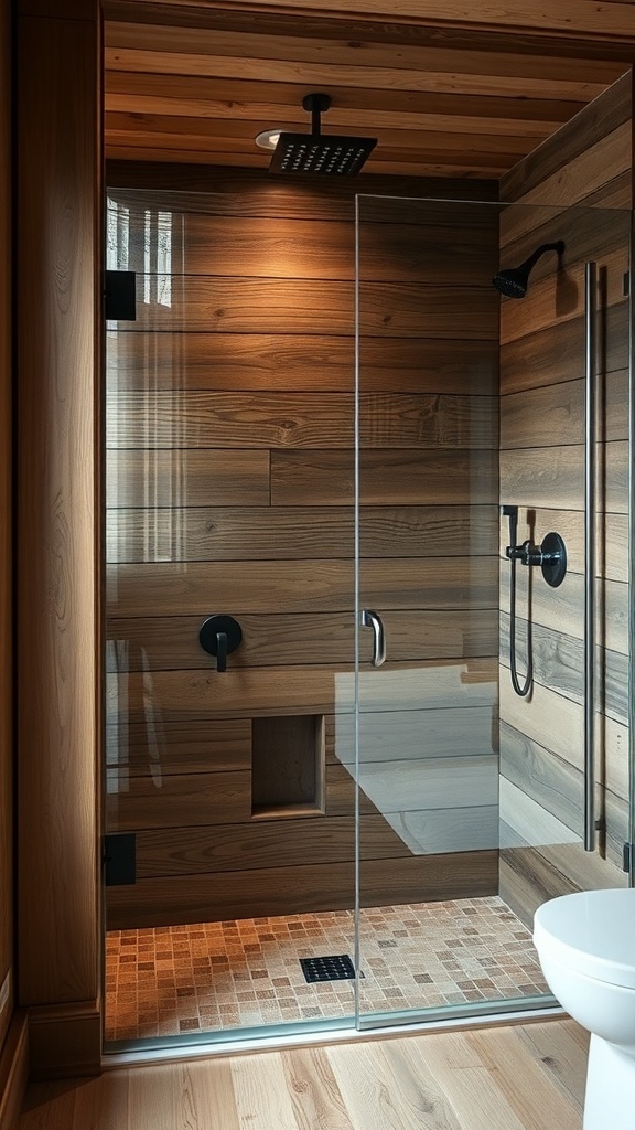 A rustic walk-in shower featuring reclaimed wood elements and modern fixtures.
