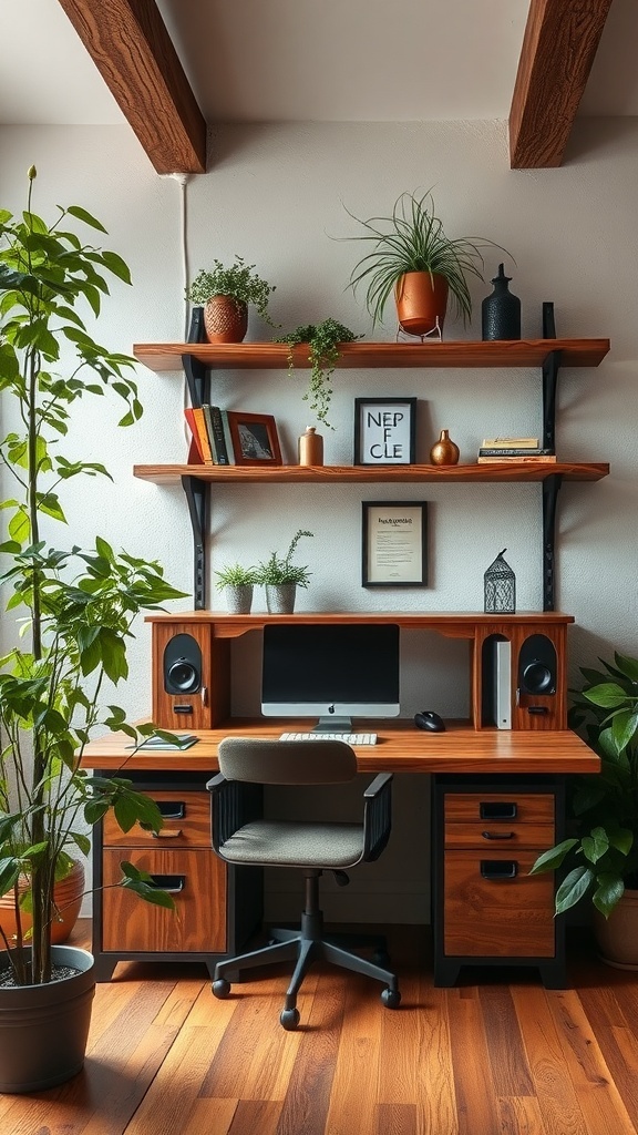 A cozy rustic interior featuring reclaimed wood elements, plants, and a stylish desk setup.